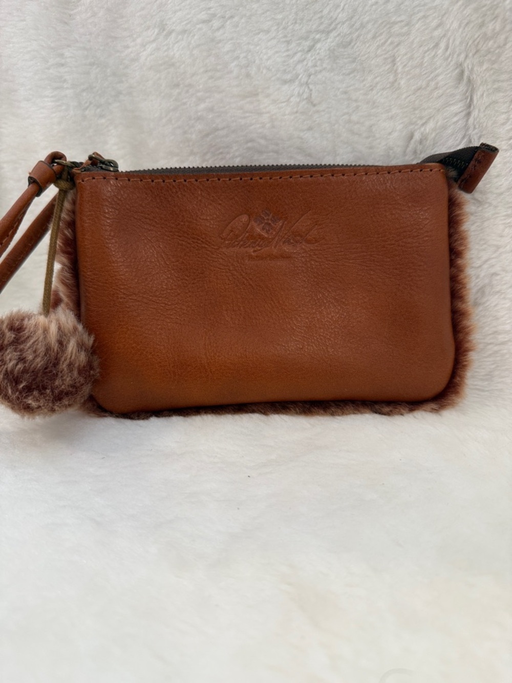 Patricia Nash Leather Wristlet / Mini Bag – Brown with Fur Trim